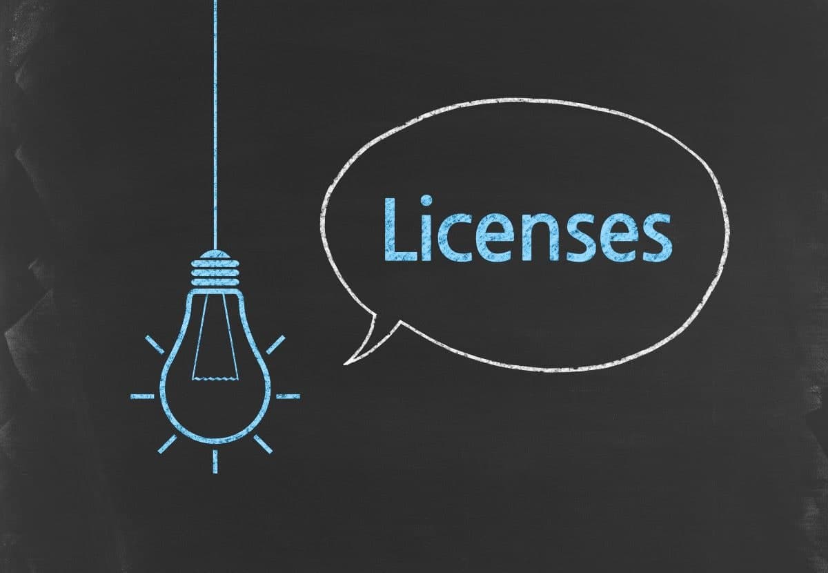 Chalkboard illustration of a lightbulb idea next to a Licenses speech bubble